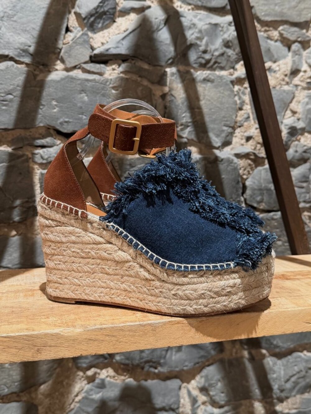 Chloé Fringe Denim Wedge Espadrilles Sandals